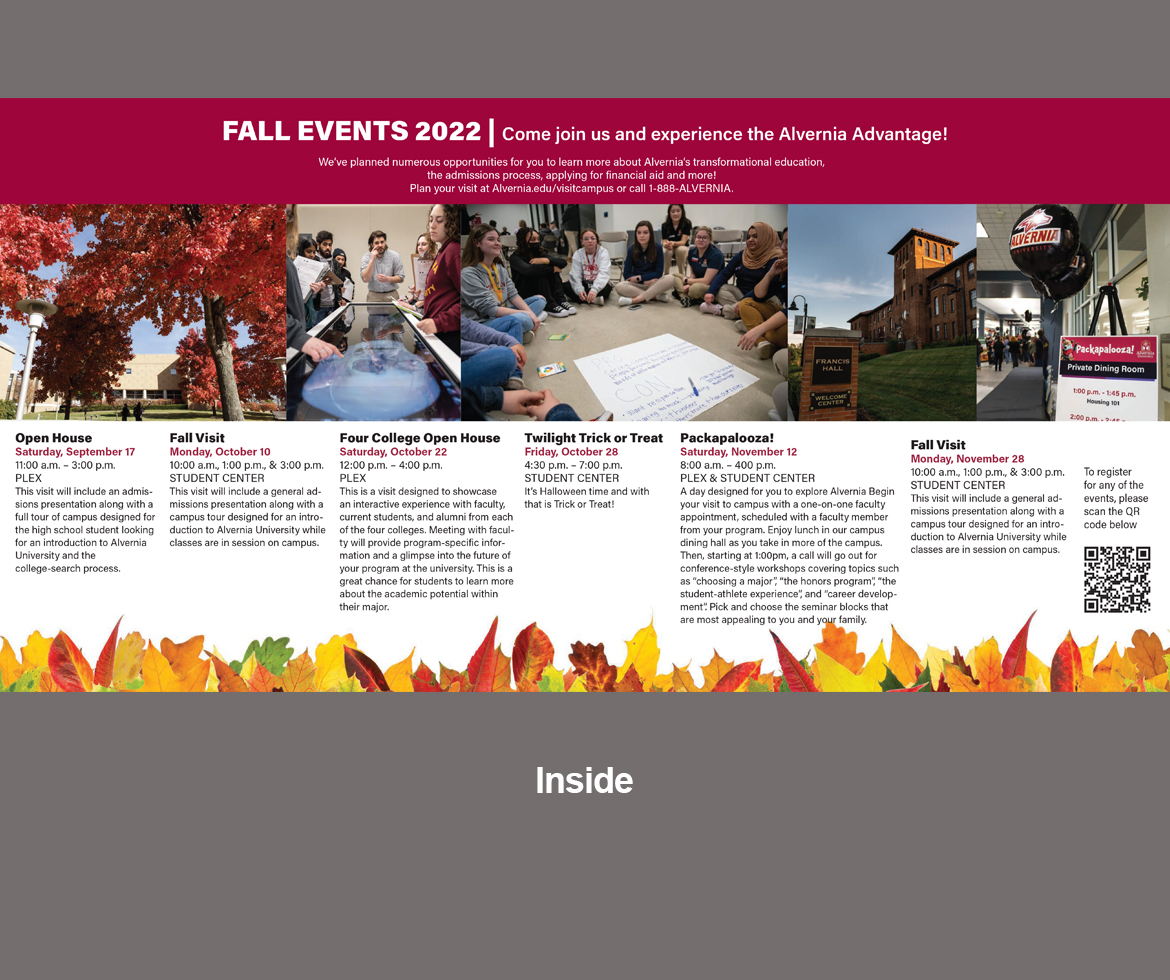 Alvernia University Admissions Fall visit brochure, onside