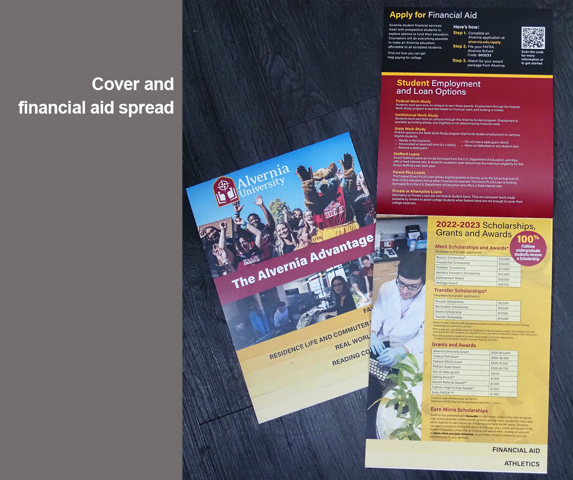 Alvernia University Admissions step brochure, cover and financial aid spread